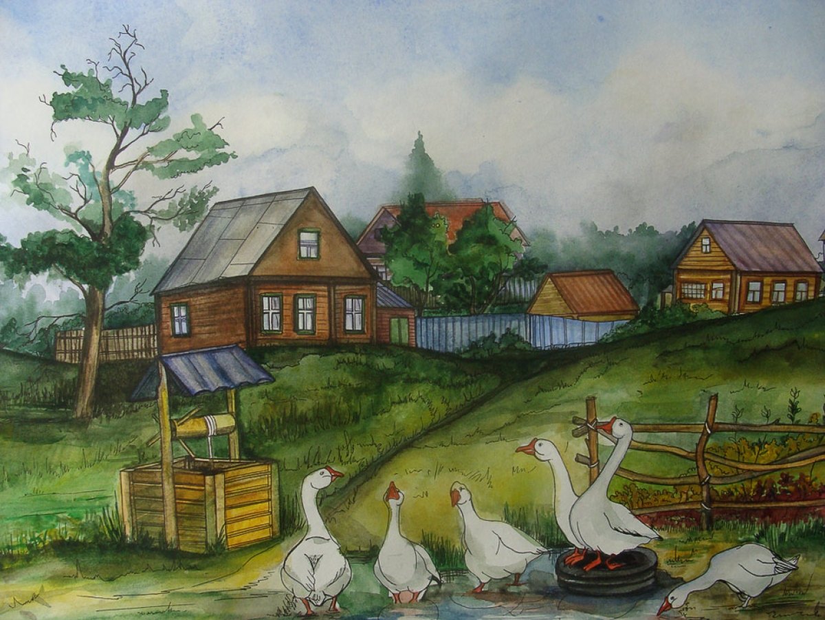 2 часть в деревне 4. Сельский пейзаж. Деревня рисунок. Деревенский домик. Нарисовать деревню.