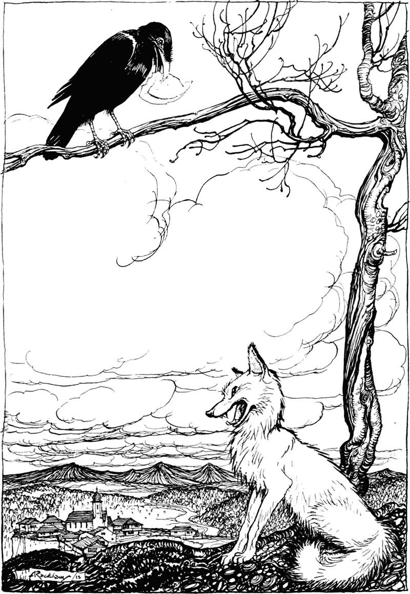 Иллюстрация к басне Эзопа лисица и ворон и ворон