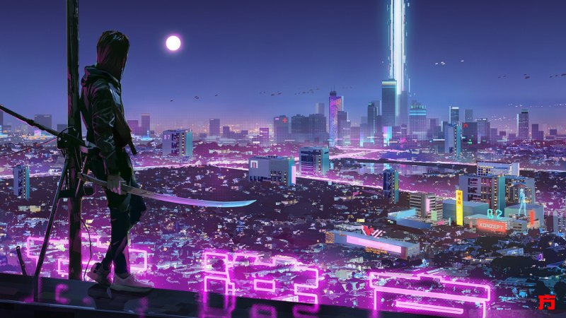 Cyberpunk 2077 город неон