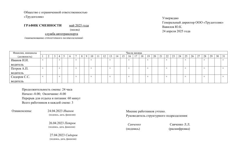 График сменности охранников