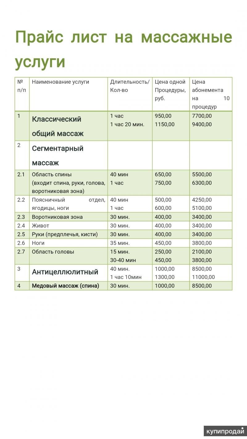 Прайс лист на услуги массажа