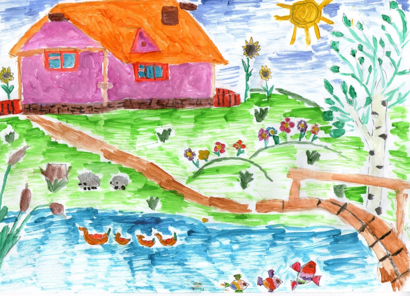 Рисунок на тему домик в деревне