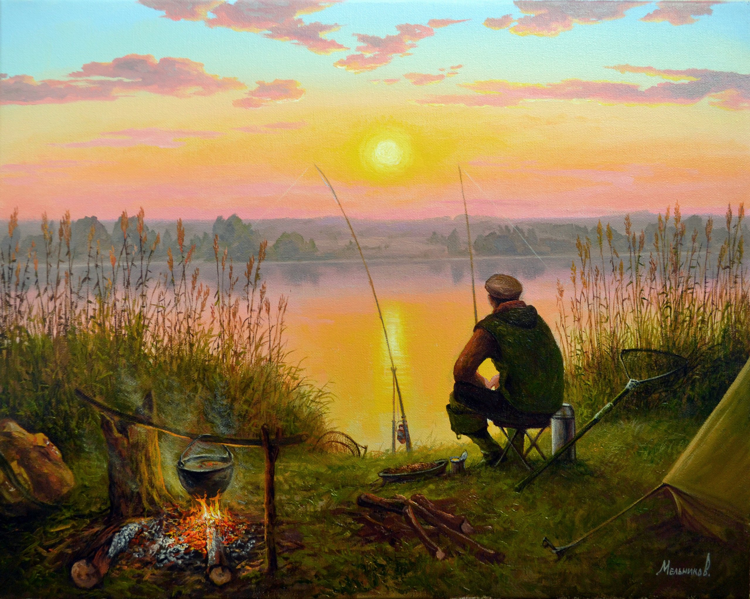 Летним утром мы направляемся на рыбалку природа. Рыбак Мельников картина. Художник пейзажист Мельников. Пейзаж с рыбаком.
