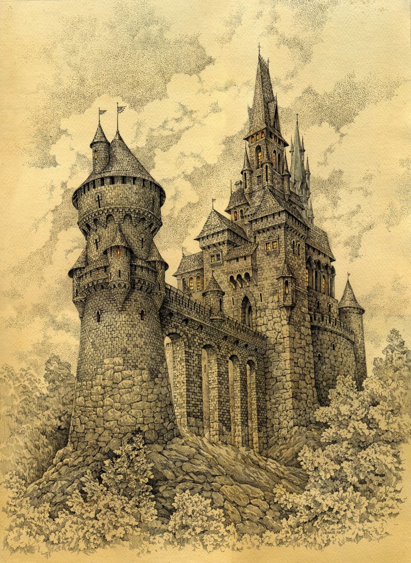 Гравюра романского замка