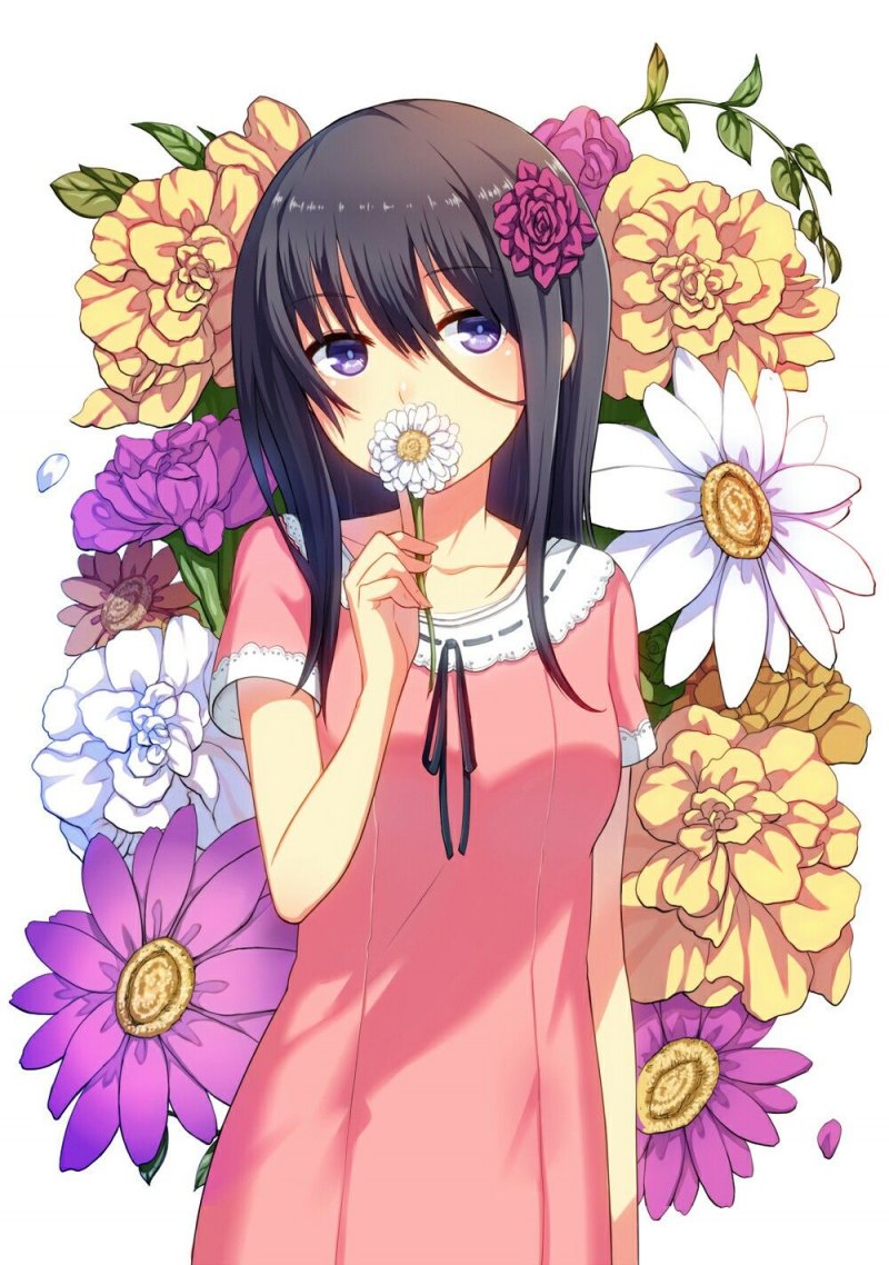 Аниме девушка цветы
