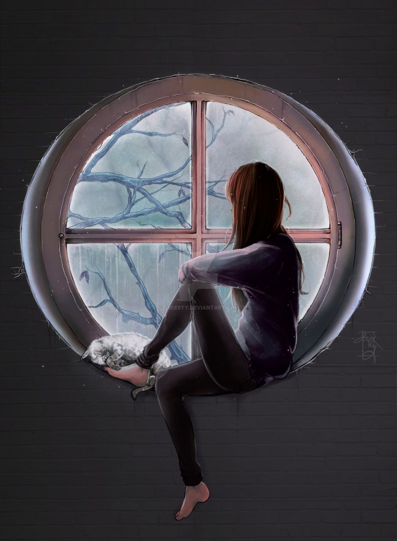 Девушка на круглом окне сидит