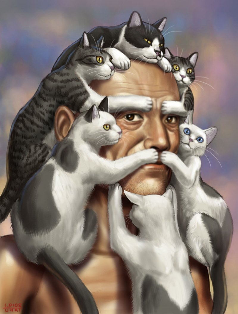 Человек и кошка вместе. Смешные арты. Смешные картины. Кошка иллюстрация. Кот арт.