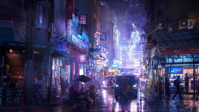 Cyberpunk 2077 улица неон