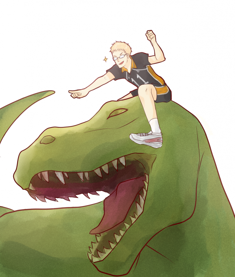 Цукишима Кей в костюме динозавра