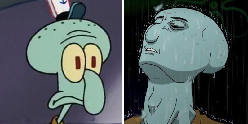 Депрессивный Сквидвард на кровати с телефоном