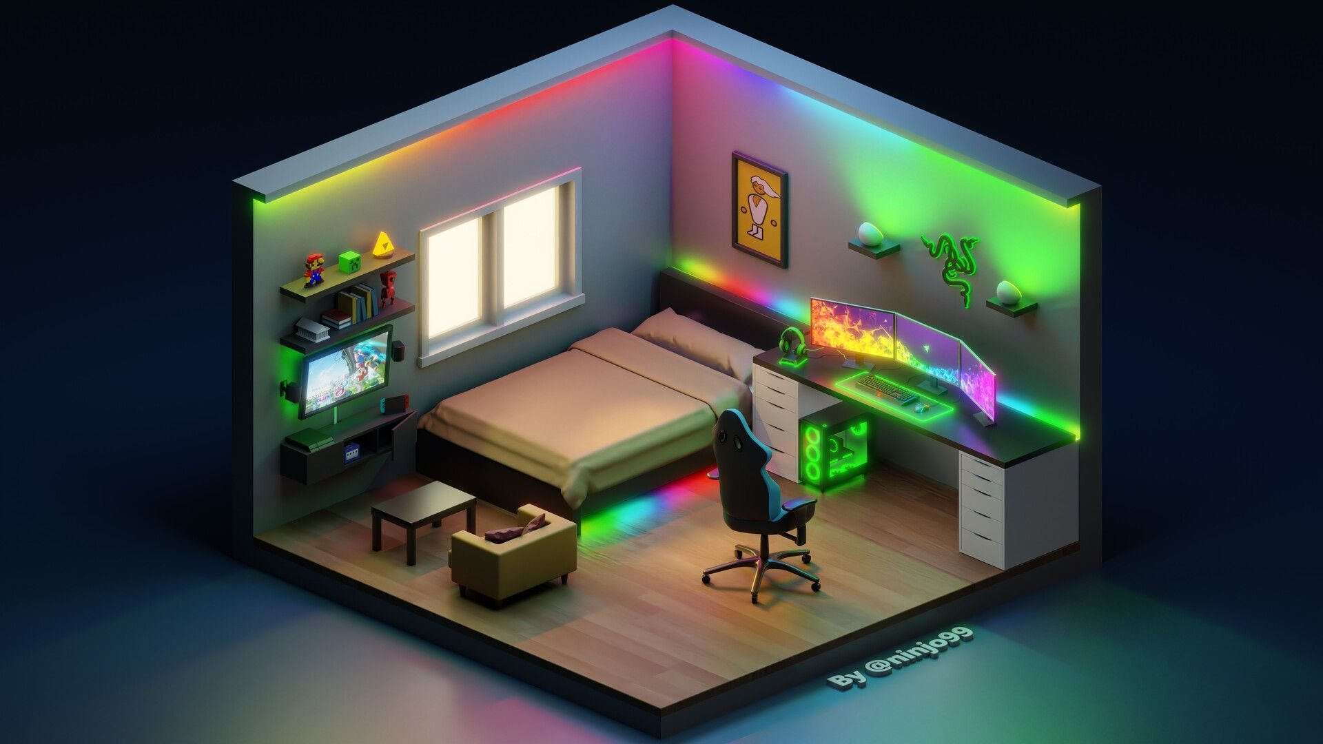 3d Gaming isometric Room (Razer themed)