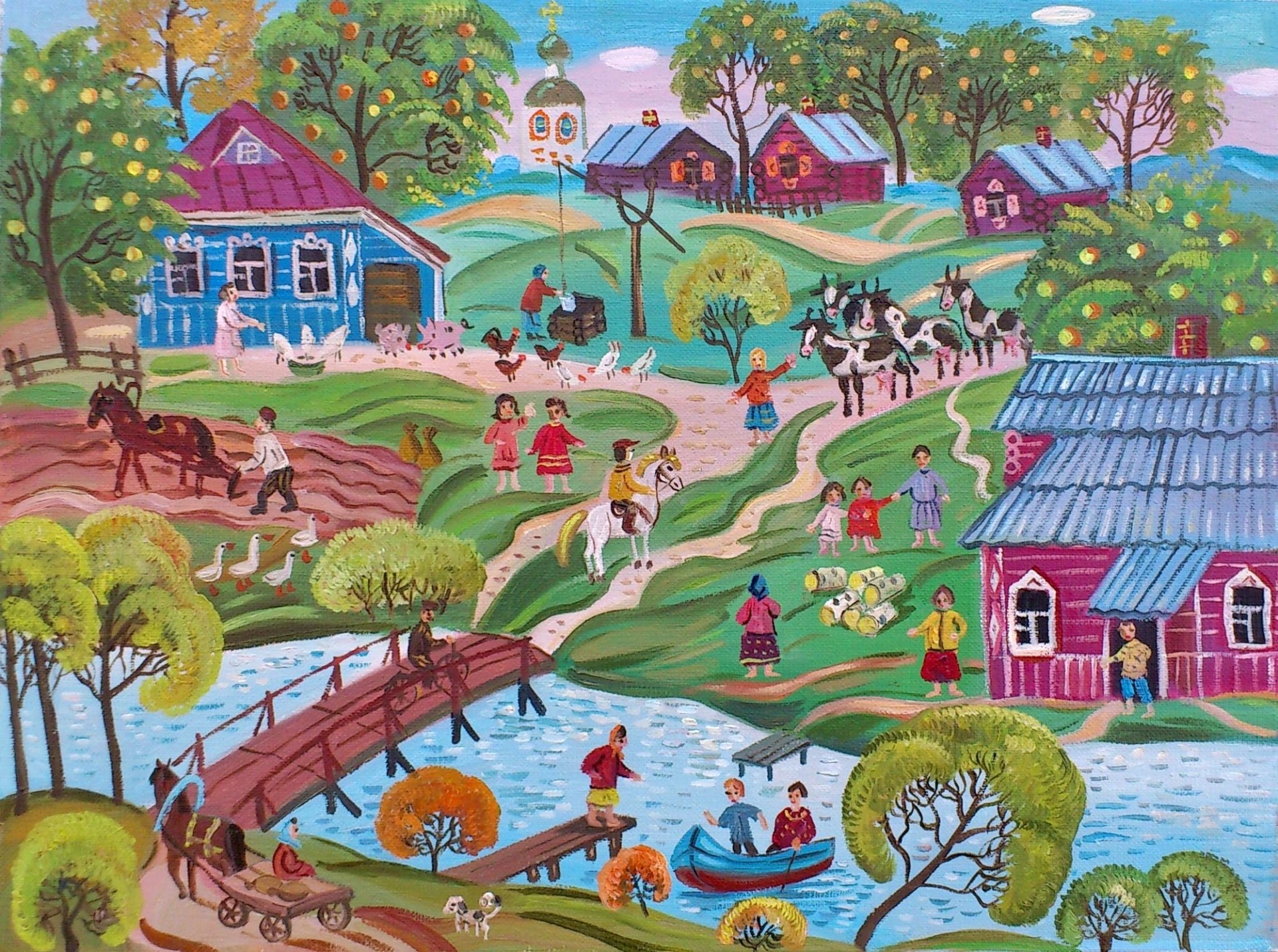 Сколько лет рису. Дети в деревне картина. Деревня рисунок.
