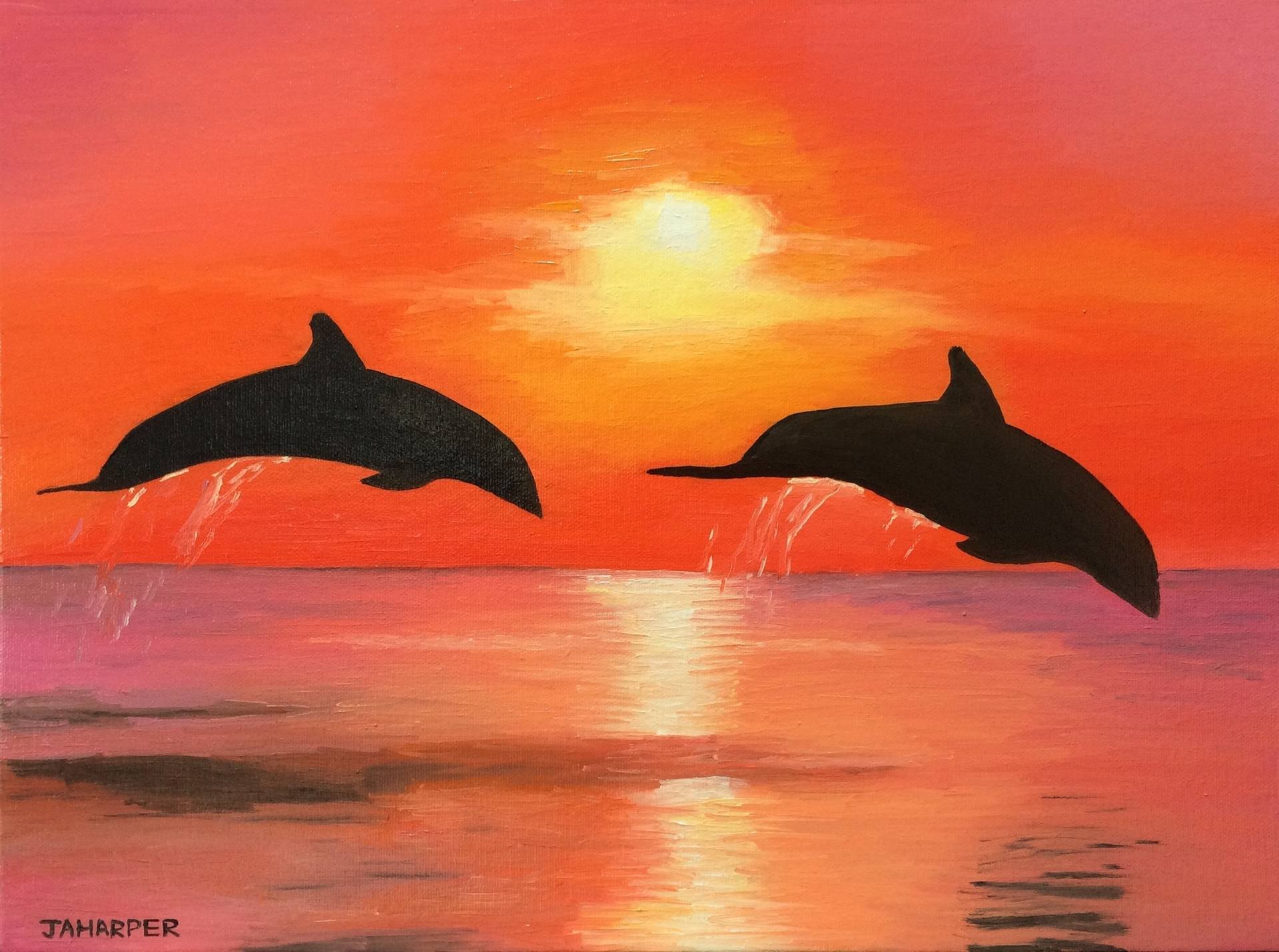Дельфины на закате гуашью