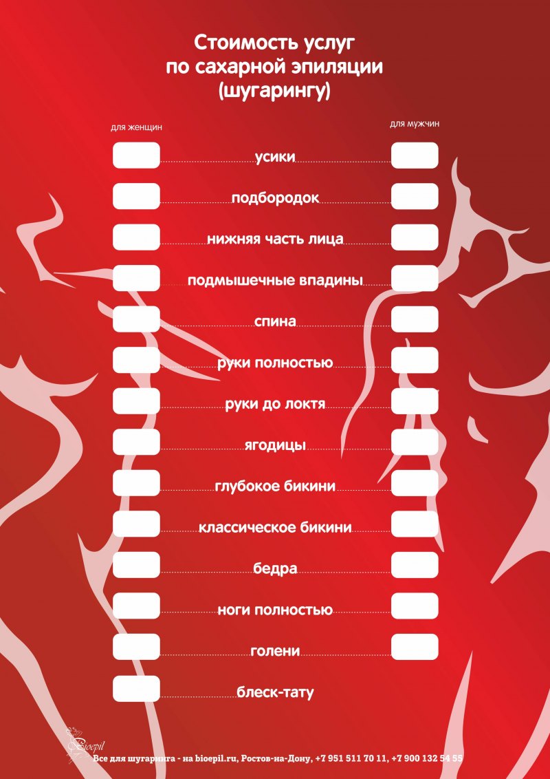 Прайс лист шугаринг сахарная депиляция