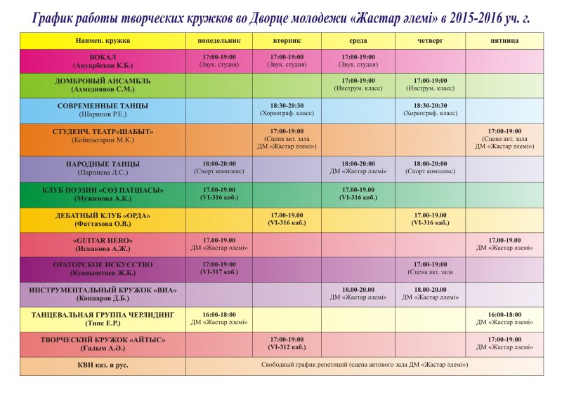 Расписание секций и кружков шаблон