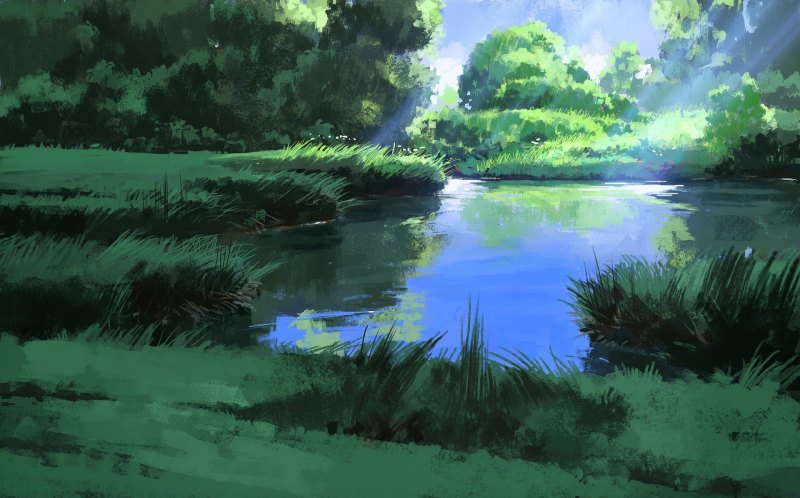 Аниме озеро в лесу