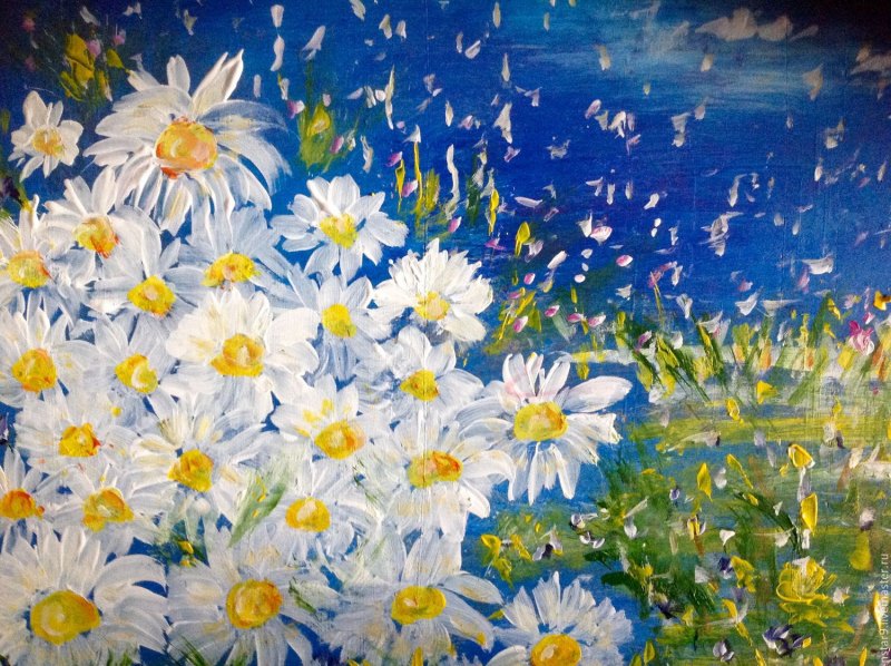 Пейзаж с ромашками гуашью