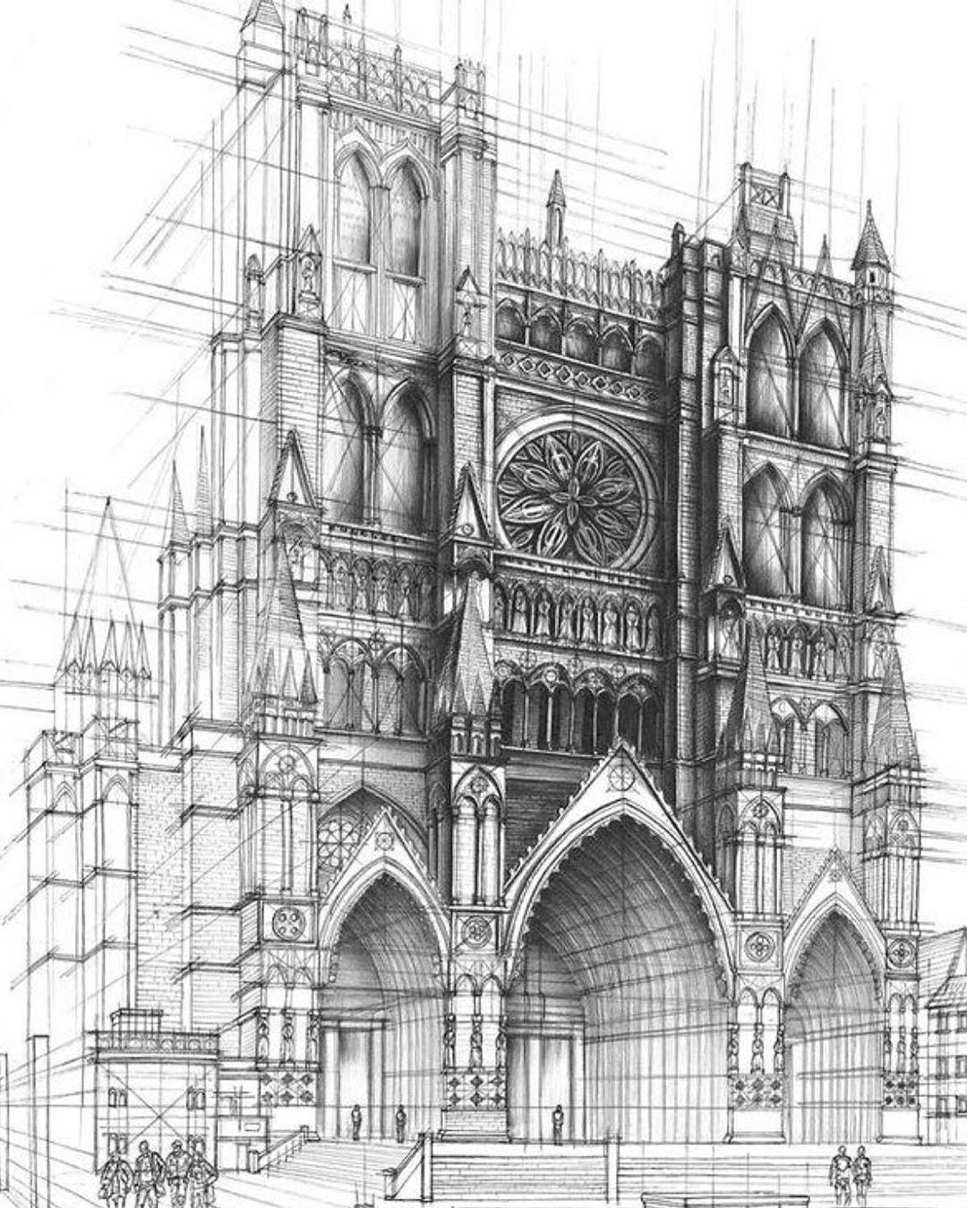 Красивые чертежи. Миланский собор отмывка. Готический собор скетч. Готика архитектура скетч. Отмывка готического собора.