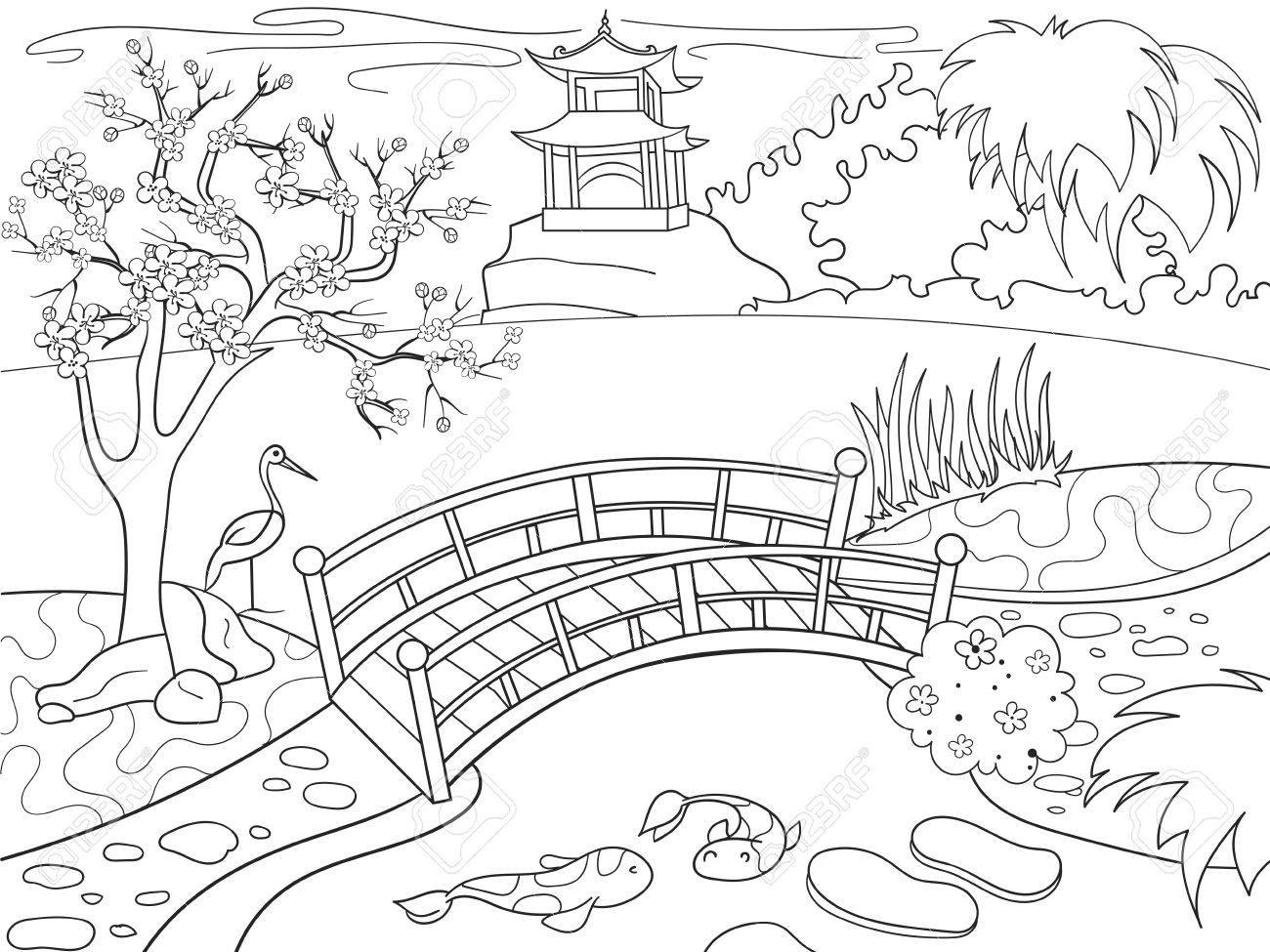 Японский сад раскраска