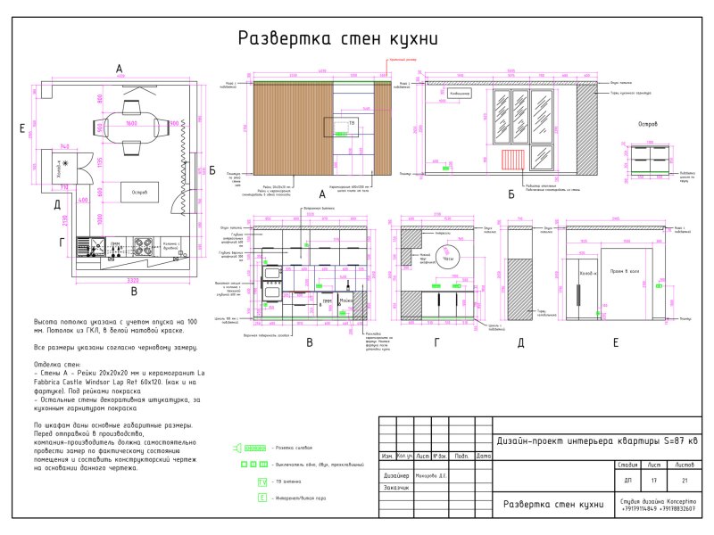 Развертка кухни с размерами